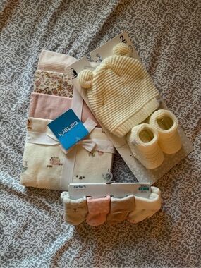Carter's Cream Knit Hat with Matching Booties & Neutral blankets